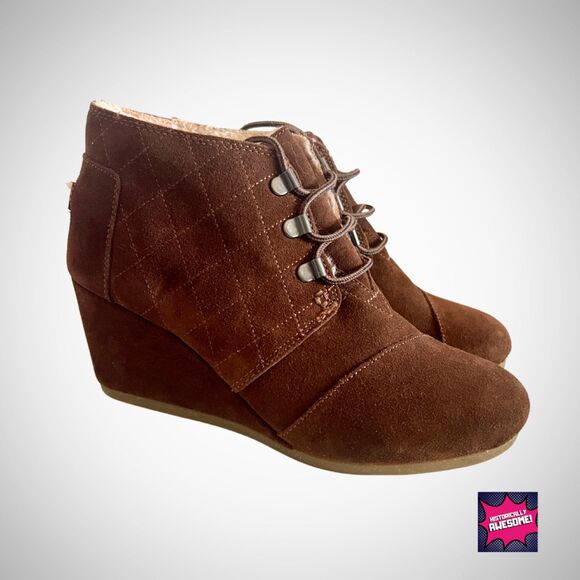 TOMS Quilted Brown Suede Wedge Booties Inner Shearling - Sz.8 - Never Worn - Picture 1 of 4